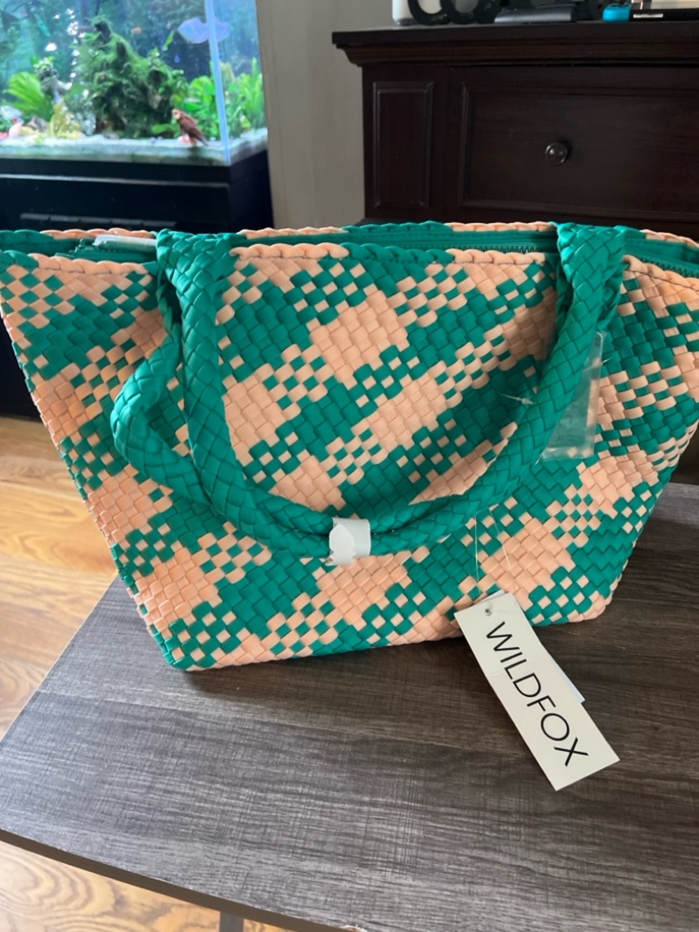 Wildfox Tujo Woven Tote Beach Pool Bag Oversized NWT Green Pink